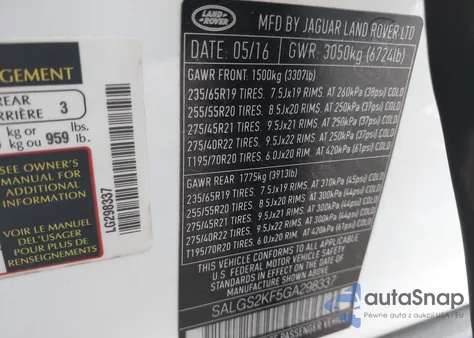 2016 Land Rover Range Rover 3.0L V6 Turbocharged Diesel Hse Td6 z USA, uszkodzony, nr VIN SALGS2KF5GA298337